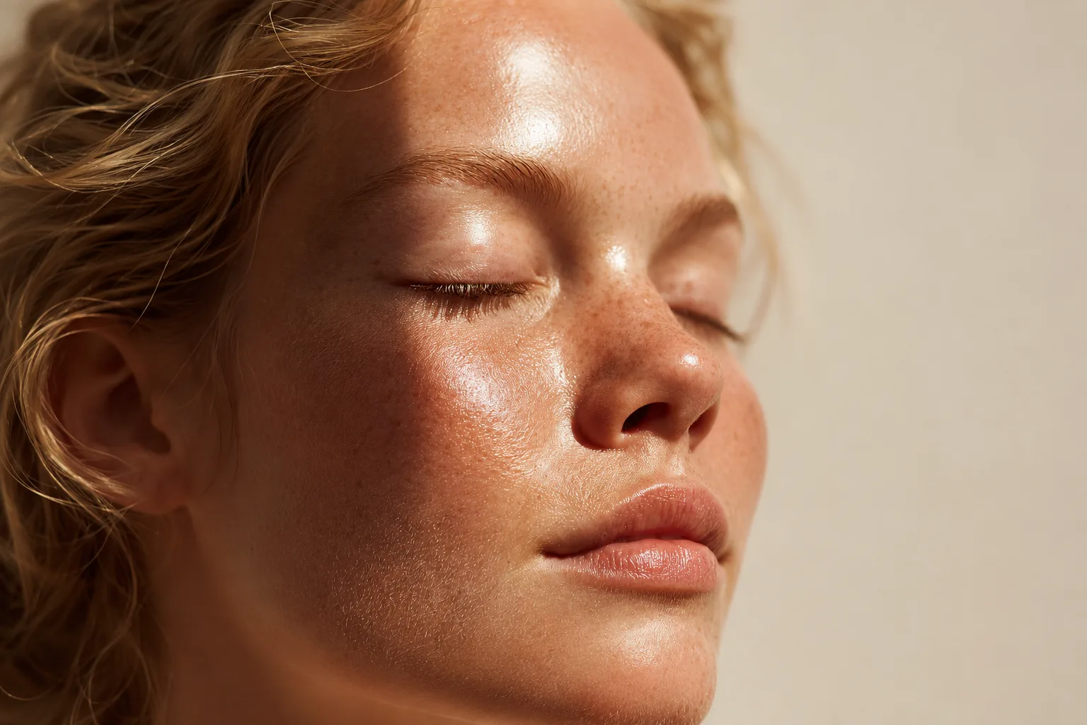 Woman with radiant skin relaxing in warm light